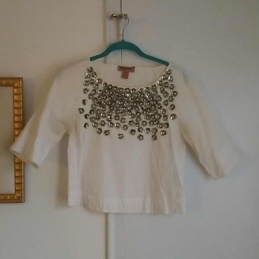 XS Anthro Bell-Sleeve Embellished Whitw Top